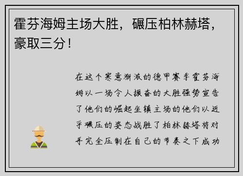 霍芬海姆主场大胜，碾压柏林赫塔，豪取三分！